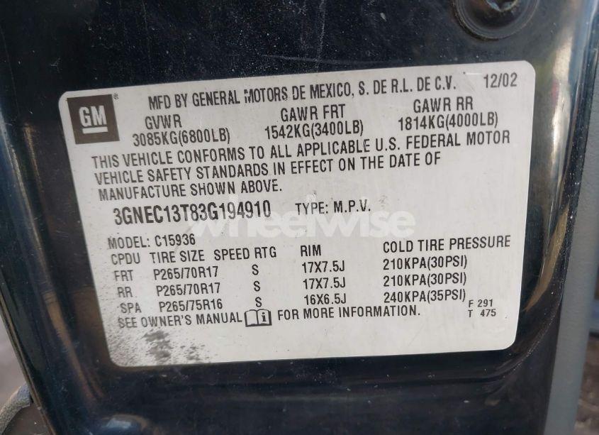 Photo 9 of 2003 Chevrolet Avalanche 1500 (VIN 3GNEC13T83G194910)