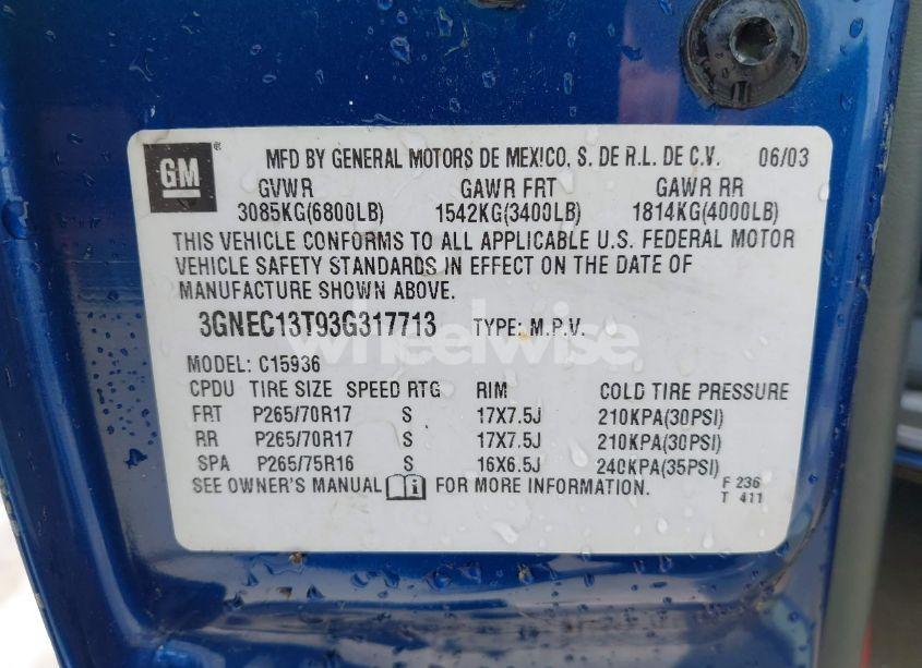 Photo 9 of 2003 Chevrolet Avalanche 1500 (VIN 3GNEC13T93G317713)