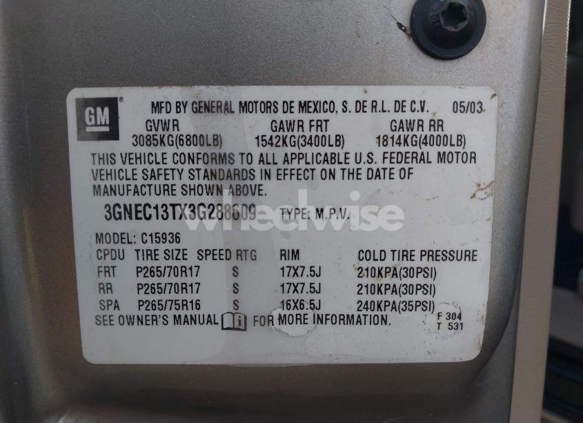 Photo 9 of 2003 Chevrolet Avalanche 1500 (VIN 3GNEC13TX3G288609)