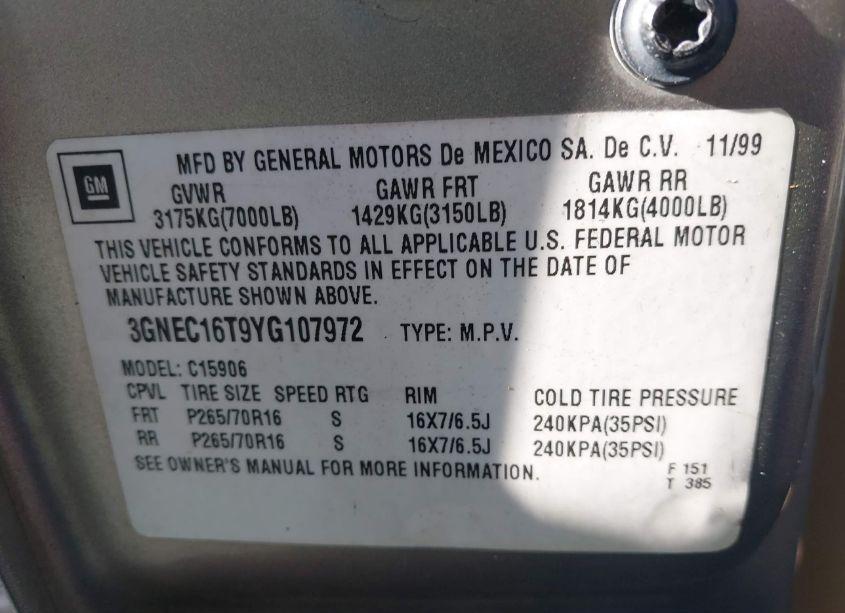 Photo 9 of 2000 Chevrolet Suburban 1500 LS (VIN 3GNEC16T9YG107972)