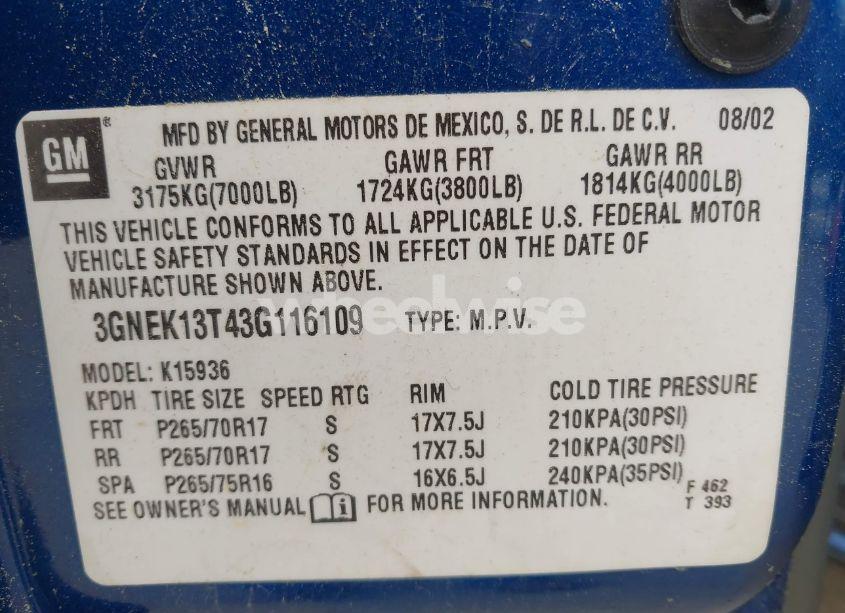 Photo 9 of 2003 Chevrolet Avalanche 1500 (VIN 3GNEK13T43G116109)