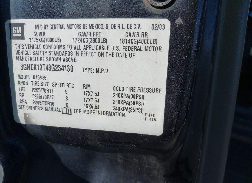 Photo 9 of 2003 Chevrolet Avalanche 1500 (VIN 3GNEK13T43G234130)