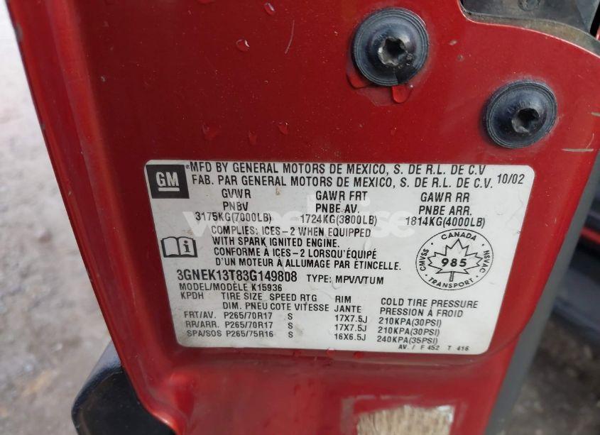 Photo 9 of 2003 Chevrolet Avalanche 1500 (VIN 3GNEK13T83G149808)