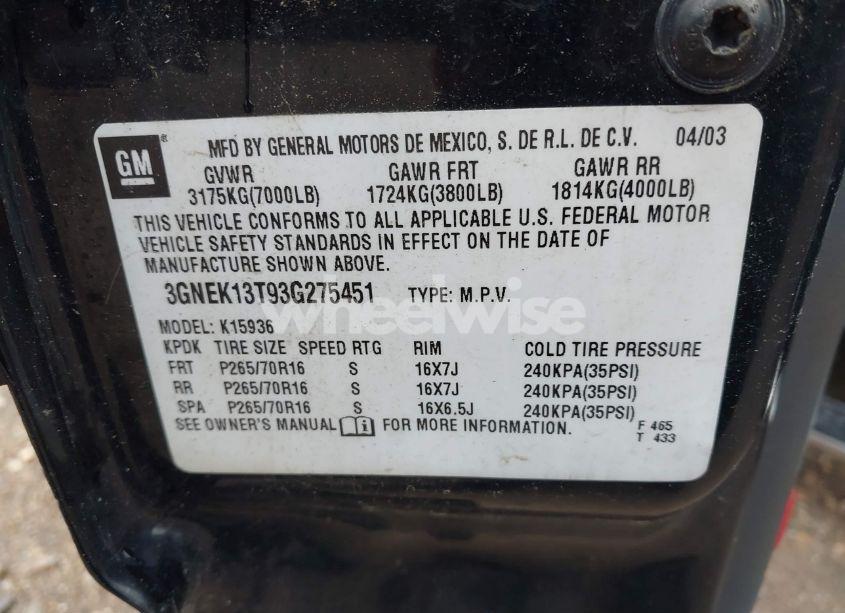 Photo 9 of 2003 Chevrolet Avalanche 1500 (VIN 3GNEK13T93G275451)