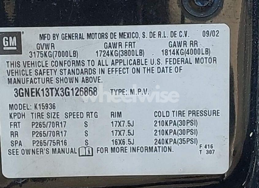 Photo 9 of 2003 Chevrolet Avalanche 1500 (VIN 3GNEK13TX3G126868)