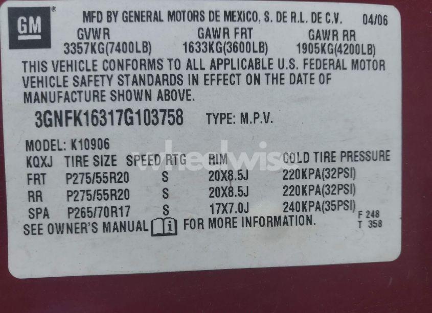 Photo 9 of 2007 Chevrolet Suburban 1500 LTZ (VIN 3GNFK16317G103758)