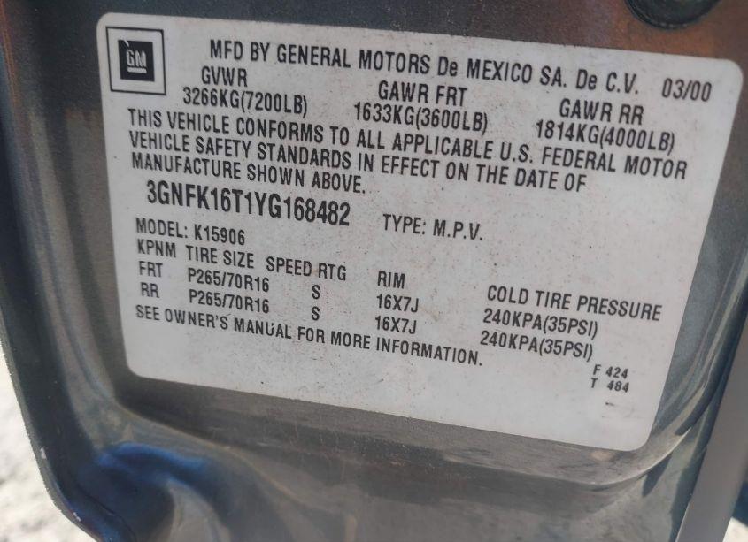 Photo 9 of 2000 Chevrolet Suburban 1500 LT (VIN 3GNFK16T1YG168482)