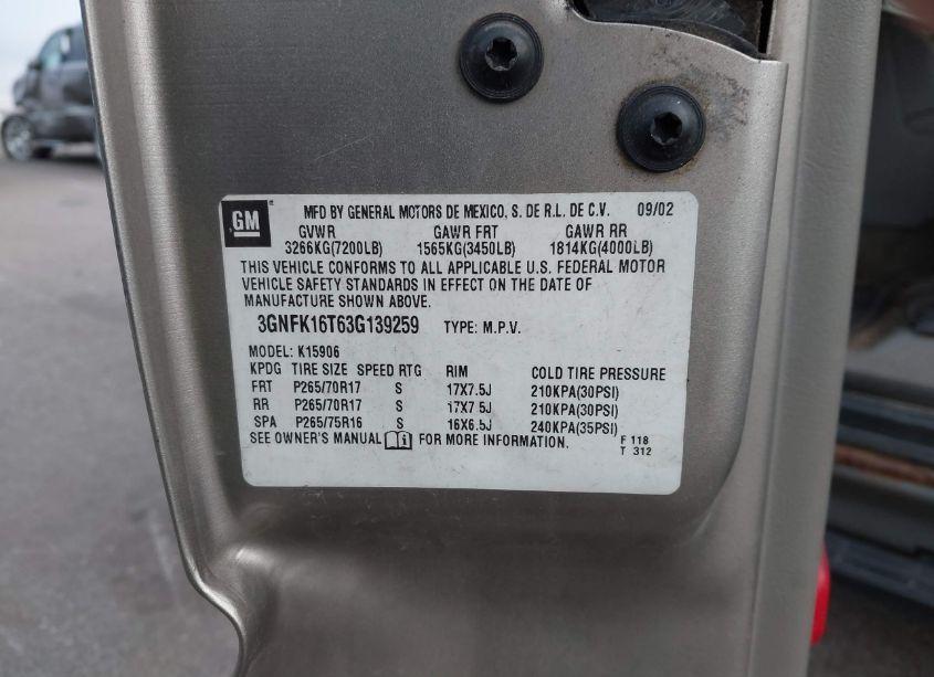 Photo 9 of 2003 Chevrolet Suburban 1500 Z71 (VIN 3GNFK16T63G139259)