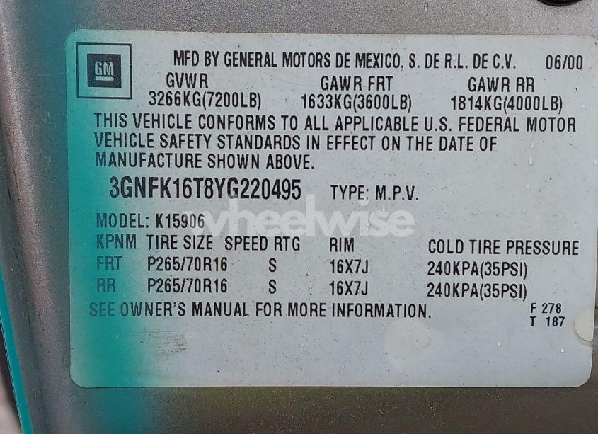 Photo 9 of 2000 Chevrolet Suburban 1500 LT (VIN 3GNFK16T8YG220495)