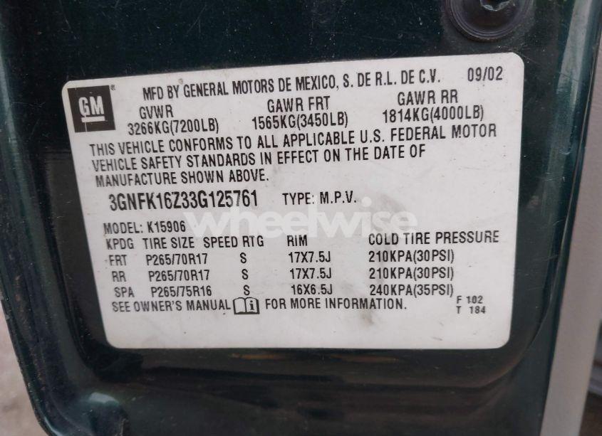 Photo 9 of 2003 Chevrolet Suburban 1500 Z71 (VIN 3GNFK16Z33G125761)