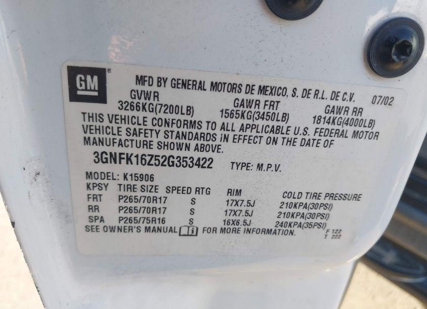 Photo 9 of 2002 Chevrolet Suburban 1500 Z71 (VIN 3GNFK16Z52G353422)