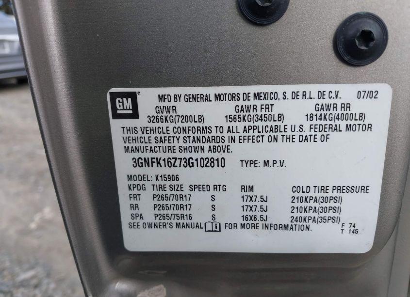 Photo 9 of 2003 Chevrolet Suburban 1500 Z71 (VIN 3GNFK16Z73G102810)