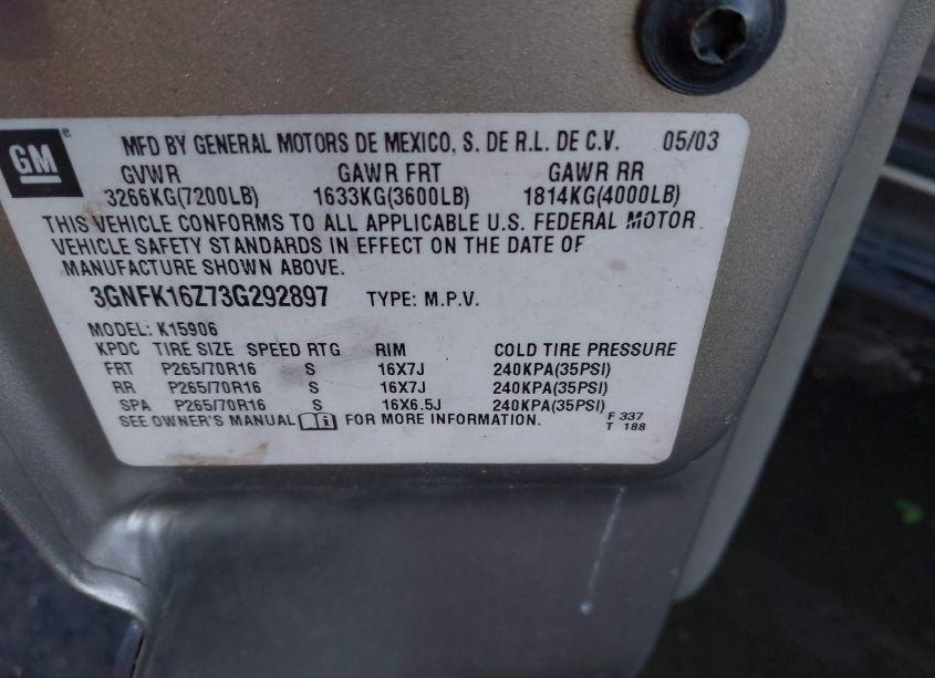 Photo 9 of 2003 Chevrolet Suburban 1500 LS (VIN 3GNFK16Z73G292897)