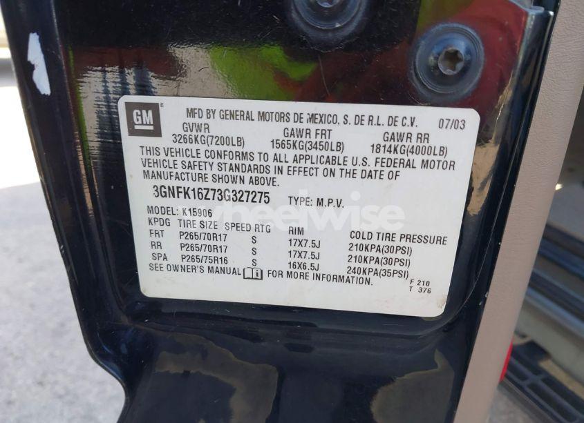 Photo 9 of 2003 Chevrolet Suburban 1500 Z71 (VIN 3GNFK16Z73G327275)