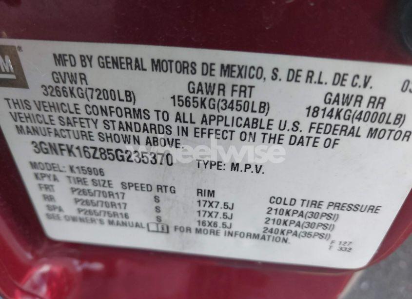 Photo 9 of 2005 Chevrolet Suburban 1500 Z71 (VIN 3GNFK16Z85G235370)