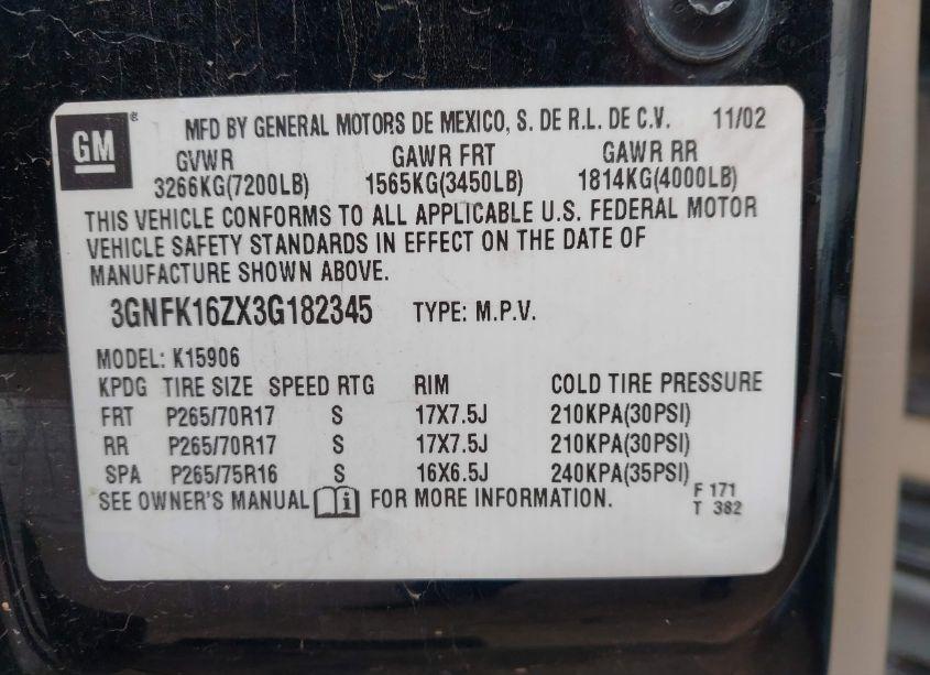 Photo 9 of 2003 Chevrolet Suburban 1500 Z71 (VIN 3GNFK16ZX3G182345)