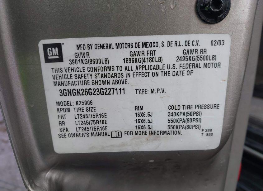 Photo 9 of 2003 Chevrolet Suburban 2500 LT (VIN 3GNGK26G23G227111)