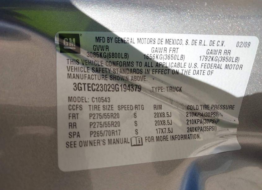Photo 9 of 2009 Gmc Sierra 1500 SLE (VIN 3GTEC23029G194379)