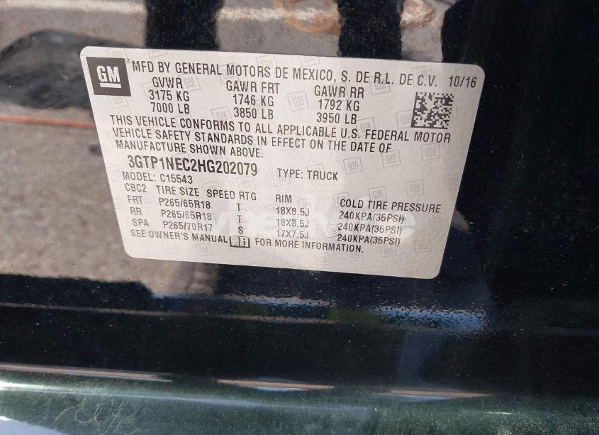 Photo 9 of 2017 Gmc Sierra 1500 SLT (VIN 3GTP1NEC2HG202079)