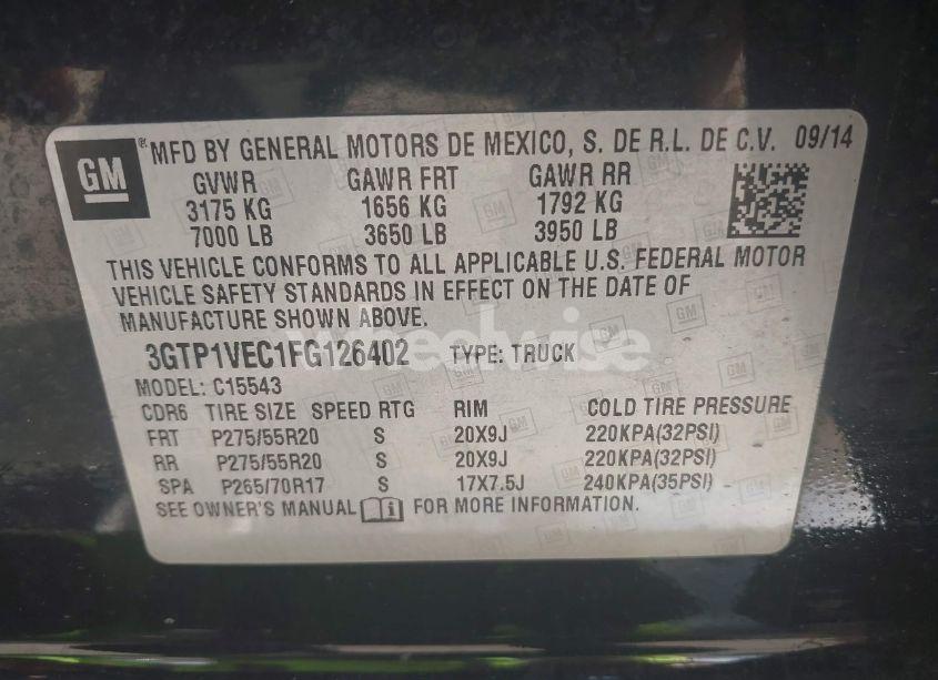 Photo 9 of 2015 Gmc Sierra 1500 SLT (VIN 3GTP1VEC1FG126402)