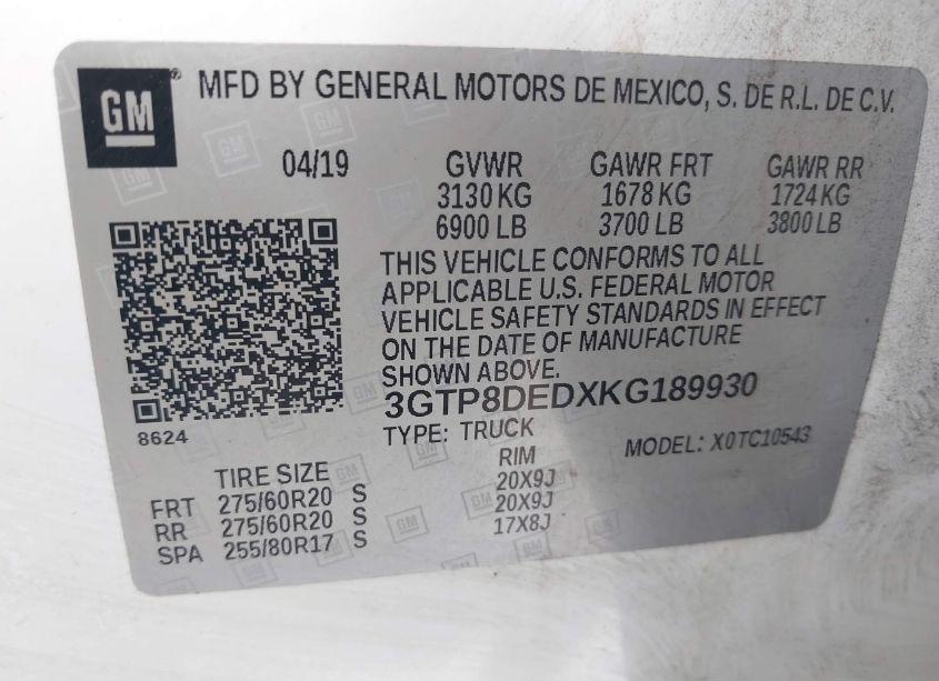 Photo 9 of 2019 Gmc Sierra 1500 SLT (VIN 3GTP8DEDXKG189930)