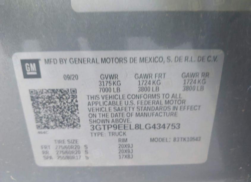 Photo 9 of 2020 Gmc Sierra 1500 4WD SHORT BOX AT4 (VIN 3GTP9EEL8LG434753)