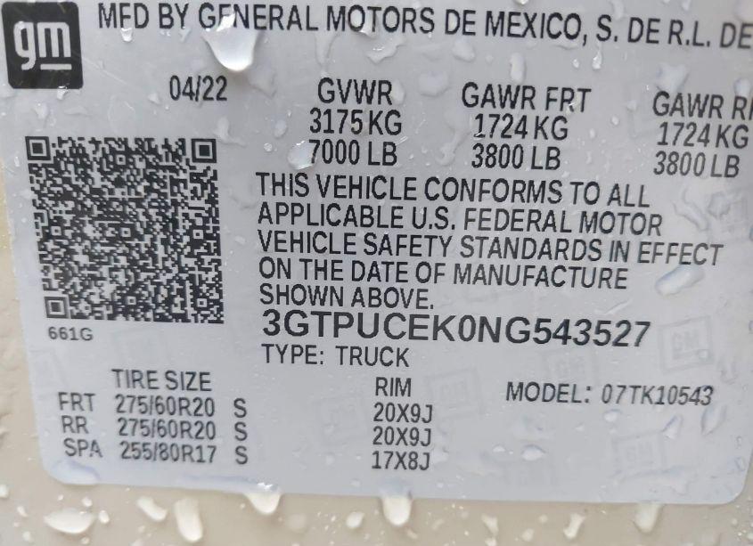 Photo 9 of 2022 Gmc Sierra 1500 4WD SHORT BOX ELEVATION WITH 3SB (VIN 3GTPUCEK0NG543527)