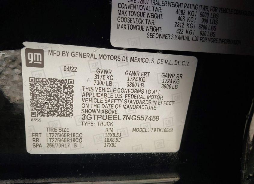 Photo 9 of 2022 Gmc Sierra 1500 4WD SHORT BOX AT4 (VIN 3GTPUEEL7NG557459)