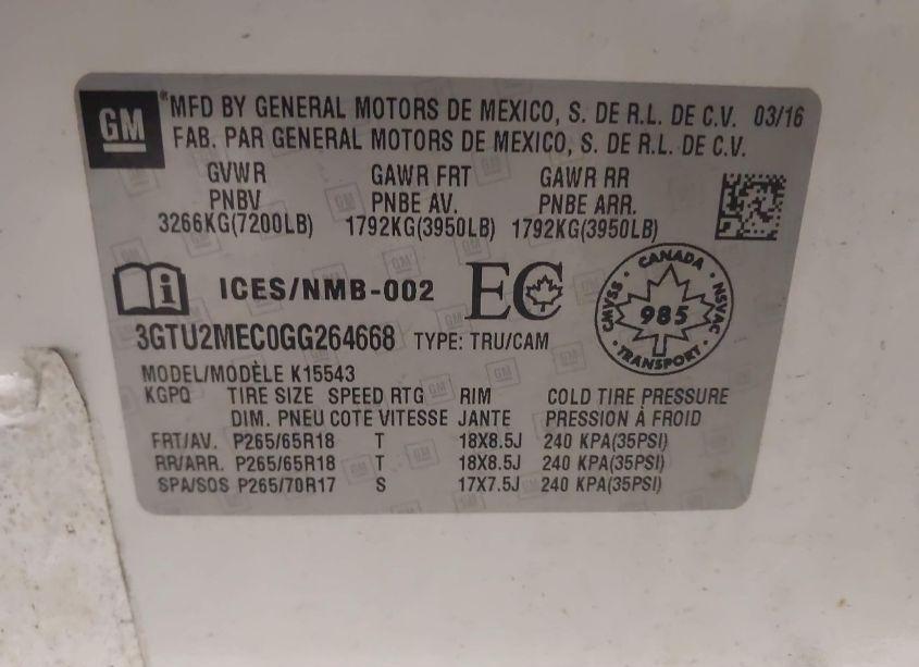 Photo 9 of 2016 Gmc Sierra 1500 SLE (VIN 3GTU2MEC0GG264668)