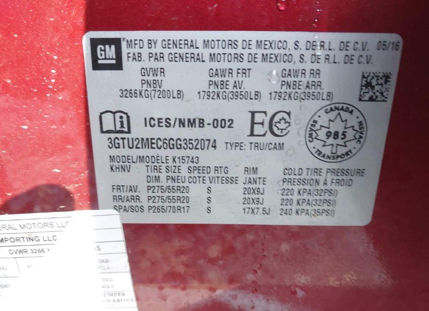 Photo 9 of 2016 Gmc Sierra 1500 SLE (VIN 3GTU2MEC6GG352074)