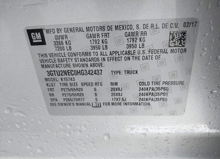 Photo 9 of 2017 Gmc Sierra 1500 SLT (VIN 3GTU2NEC0HG342437)