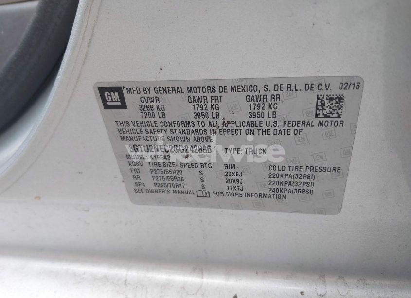 Photo 9 of 2016 Gmc Sierra 1500 SLT (VIN 3GTU2NEC2GG242886)