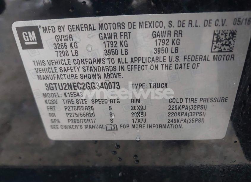 Photo 9 of 2016 Gmc Sierra 1500 SLT (VIN 3GTU2NEC2GG340073)