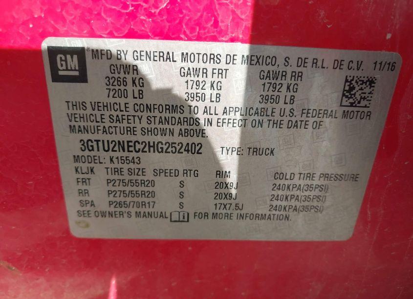 Photo 9 of 2017 Gmc Sierra 1500 SLT (VIN 3GTU2NEC2HG252402)