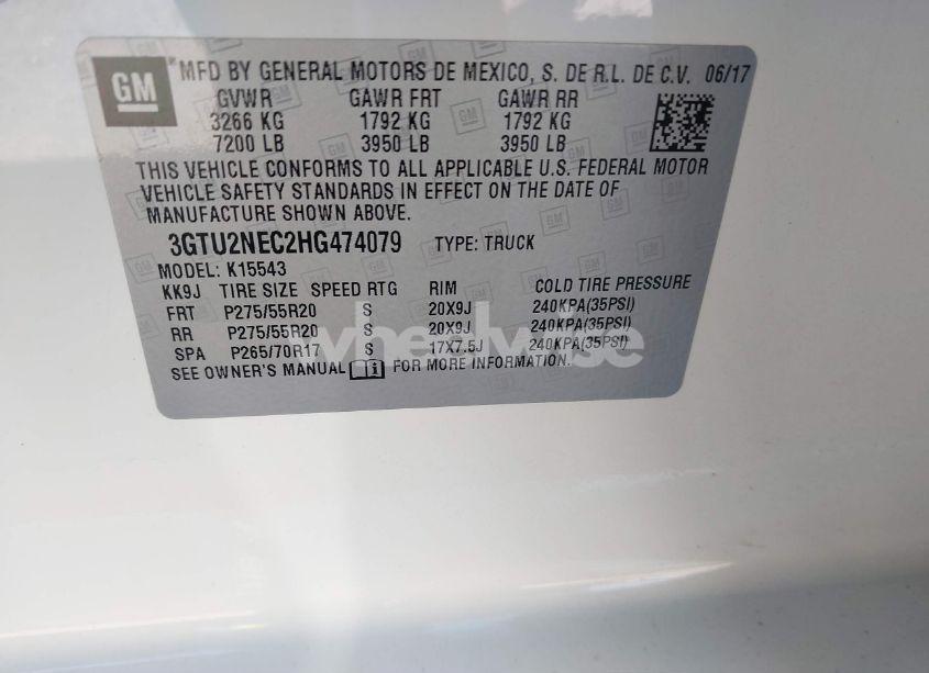 Photo 9 of 2017 Gmc Sierra 1500 SLT (VIN 3GTU2NEC2HG474079)