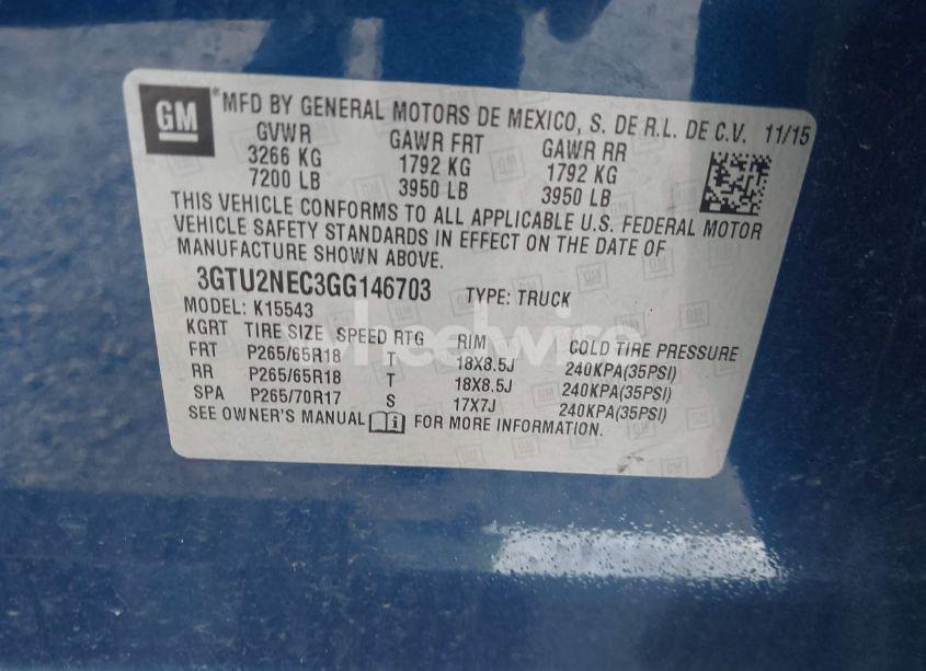 Photo 9 of 2016 Gmc Sierra 1500 SLT (VIN 3GTU2NEC3GG146703)