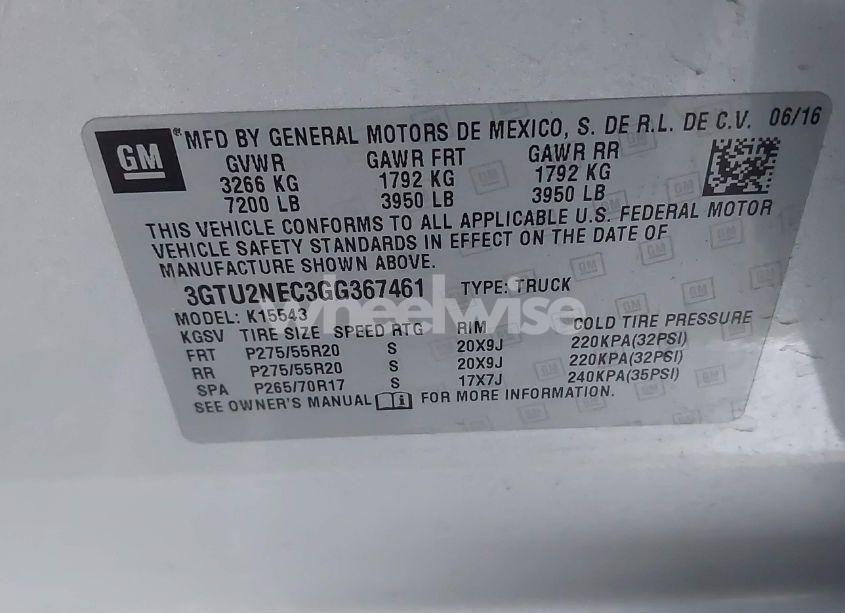 Photo 9 of 2016 Gmc Sierra 1500 SLT (VIN 3GTU2NEC3GG367461)