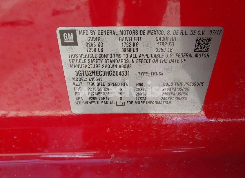 Photo 9 of 2017 Gmc Sierra 1500 SLT (VIN 3GTU2NEC3HG504531)