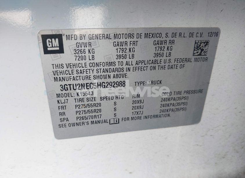 Photo 9 of 2017 Gmc Sierra 1500 SLT (VIN 3GTU2NEC5HG292988)