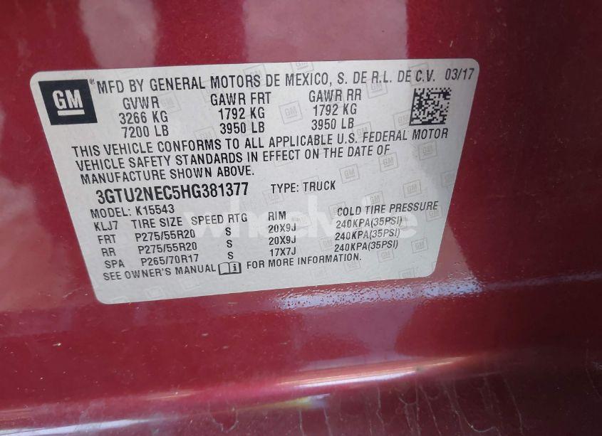 Photo 9 of 2017 Gmc Sierra 1500 SLT (VIN 3GTU2NEC5HG381377)