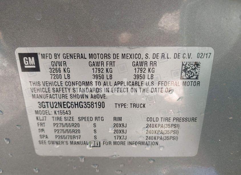 Photo 9 of 2017 Gmc Sierra 1500 SLT (VIN 3GTU2NEC6HG358190)