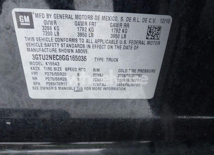 Photo 9 of 2016 Gmc Sierra 1500 SLT (VIN 3GTU2NEC8GG165036)