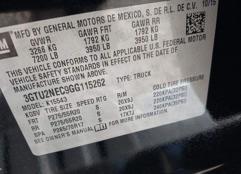 Photo 9 of 2016 Gmc Sierra 1500 SLT (VIN 3GTU2NEC9GG115262)