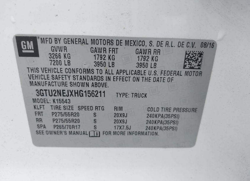 Photo 9 of 2017 Gmc Sierra 1500 SLT (VIN 3GTU2NEJXHG156211)