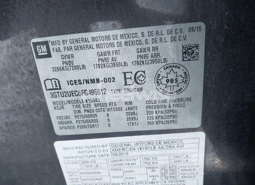 Photo 9 of 2015 Gmc Sierra 1500 SLE (VIN 3GTU2UEC6FG496612)