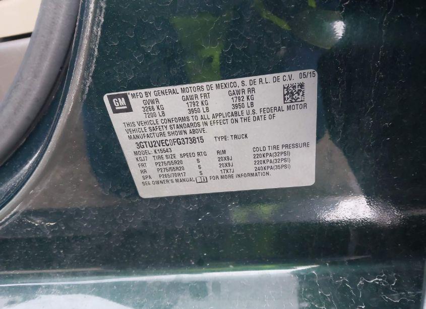 Photo 9 of 2015 Gmc Sierra 1500 SLT (VIN 3GTU2VEC0FG373815)