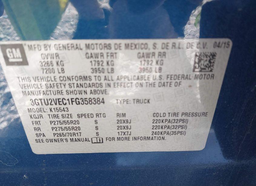 Photo 9 of 2015 Gmc Sierra 1500 SLT (VIN 3GTU2VEC1FG358384)