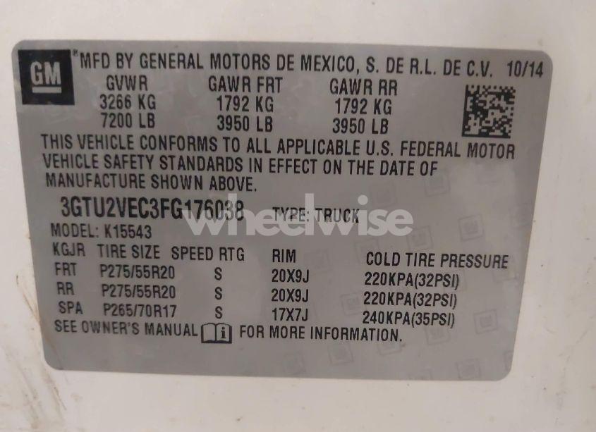 Photo 9 of 2015 Gmc Sierra 1500 SLT (VIN 3GTU2VEC3FG176038)