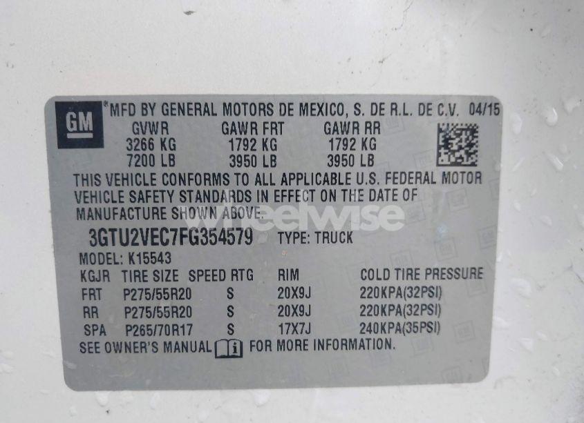 Photo 9 of 2015 Gmc Sierra 1500 SLT (VIN 3GTU2VEC7FG354579)