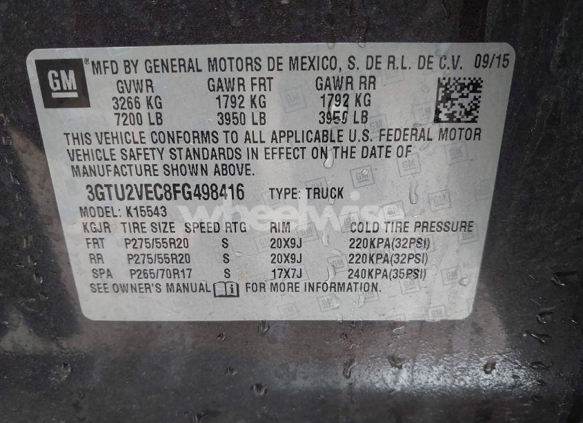 Photo 9 of 2015 Gmc Sierra 1500 SLT (VIN 3GTU2VEC8FG498416)